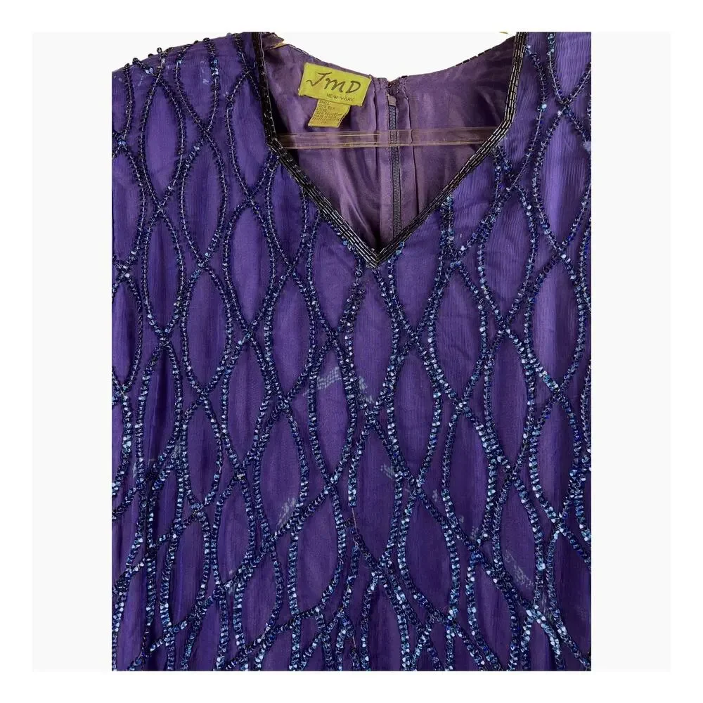 Vintage JMD New York Sapphire Blue Silk Beaded Sequin Dress Size XL 80s 90s Glam
